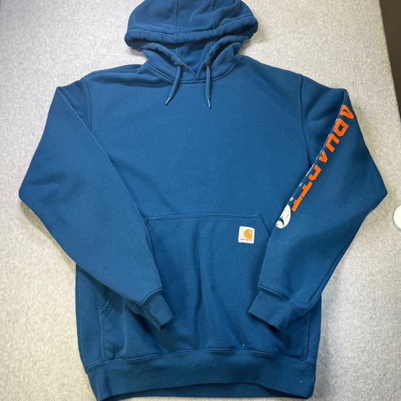 Carhartt Logo Sleeve Hoodie Blue Small Original Fit Workwear Sweatshirt - Picture 1 of 7